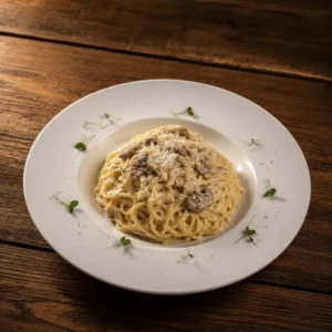 Gluten free spaghetti with cream cheese and mushrooms
